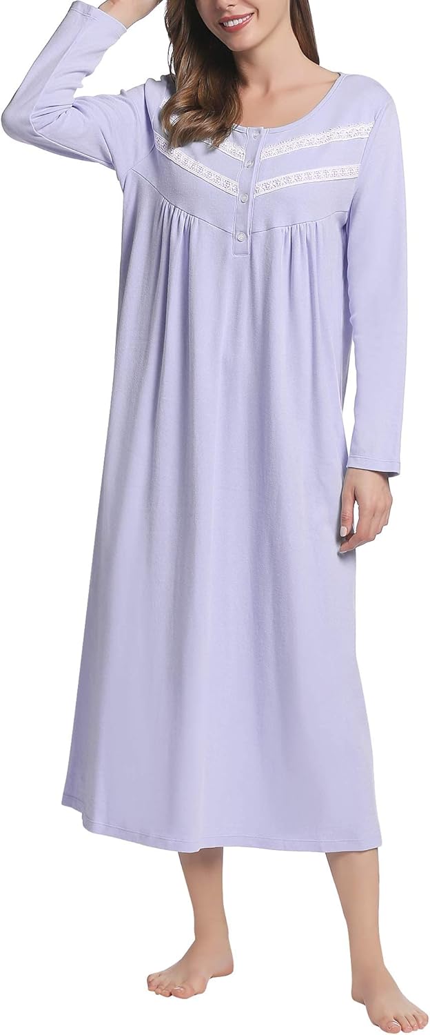 Joyaria Women's Warm Thick Long Nightgown - 100% Cotton Double Brushed Sleepwear,Long Sleeve Henley Sleep Dress - Image 3