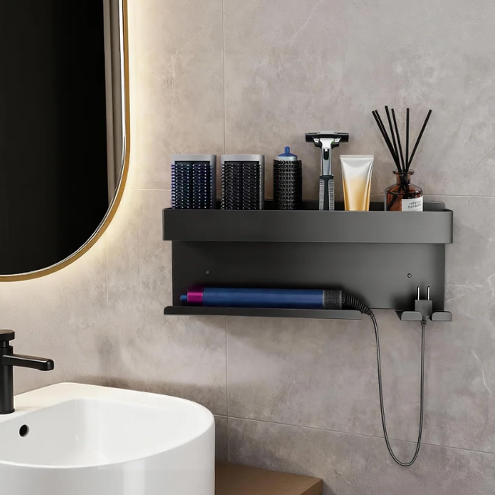 DYOUen Wandhalterung Curling Halter Organizer Stand Lagerregal für Dyson Airwrap, Edelstahl ohne Stanzen Aufbewahrungshalter (Stil 3)
