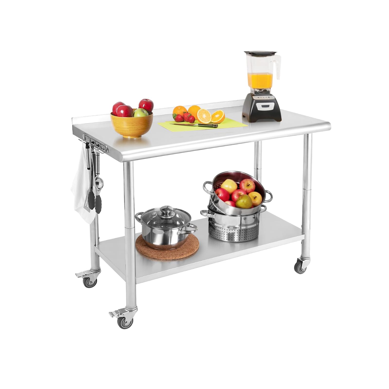 Tavolo da Lavoro in Acciaio Inox 76x61 cm con 4 Ruote, Tavolo da Lavoro e Preparazione per cucine Commerciali Certificato NSF con ripiano Inferiore e Gambe zincate per ristoranti, Bar, ripos