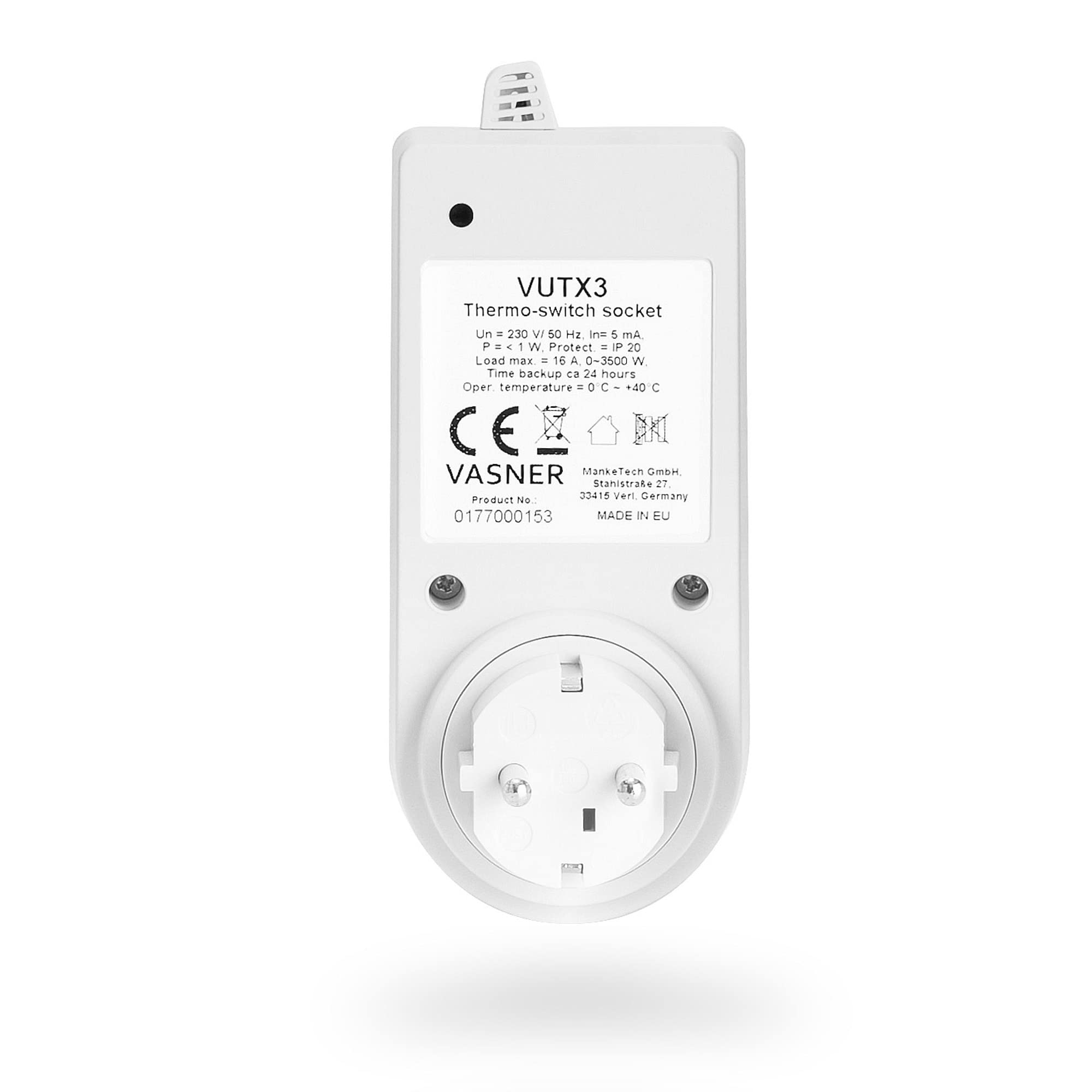 VASNER Universal-Thermostat VUTX3 – programmierbares Steckdosenthermostat zur Steuerung von Elektro Heizungen & Klimageräten, Infrarotheizung, Temperaturregelung 5°C bis 39°C, max. 3.600W, 230V/16A
