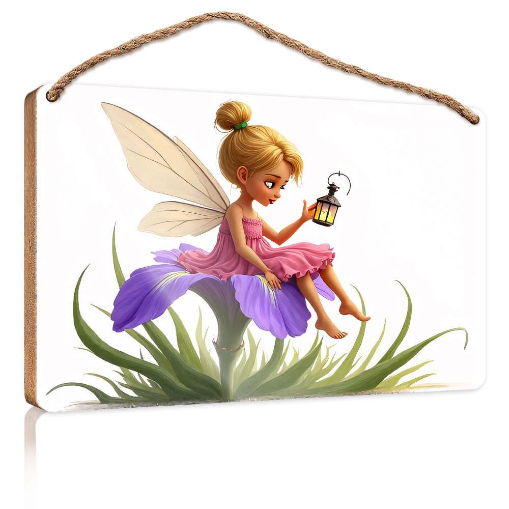 Wood Door Sign A Fairy Sitting On A Purple Flower Holding A Lantern. Wood Sign Plaque Bar Signs For Home Bar(23X35CM)