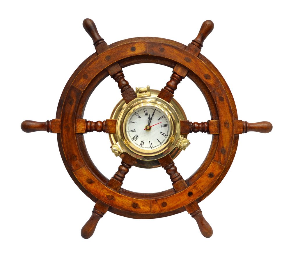 Brass Nautical Shipwheel Clock in Porthole Nautical Wall Décor - 18 inches Diameter