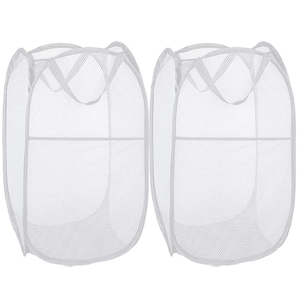 BATTOO Deluxe Strong Mesh Pop up Laundry Hamper Basket with Side Pocket Foldable Hamper for Laundry Room, Bathroom, Kids Room, College Dorm or Travel White + White
