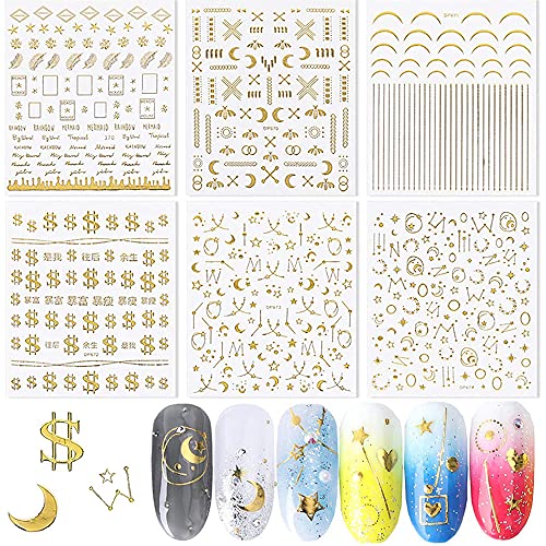 3D Gold Nail Art Stickers,6 Sheets Luxury Nail Decals for Nail Art,Metallic Self-Adhesive Leaf Star Dollar Nail Designs Stickers Decals Manicure Nail Art Decoration Gift for Women Girls