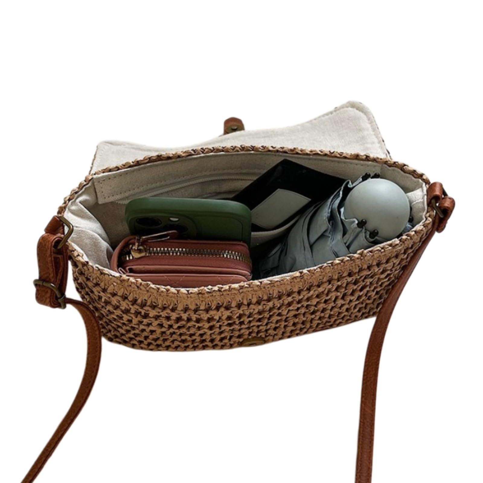 Beauty Case Borsa A Spalla di Paglia Tessuta Donna Crossbody Leggera Viaggio Spiaggia Estiva Elegante-Beige