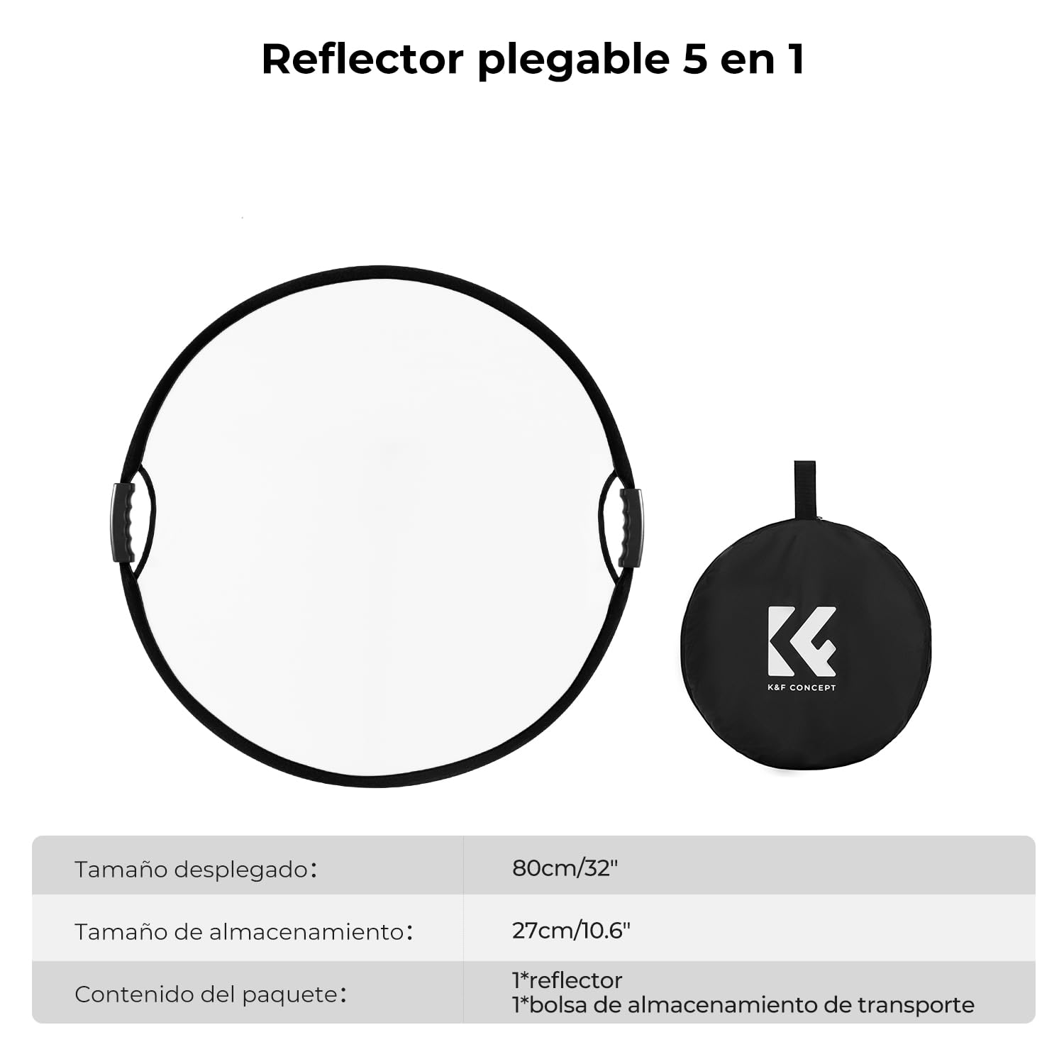 K&F CONCEPT Riflettore per Luce 32" (80cm) 5-in-1 Diffusore Fotografico Pieghevole Portatile con Impugnature per Studio e Illuminazione Esterna Oro Argento Bianco Nero Traslucido