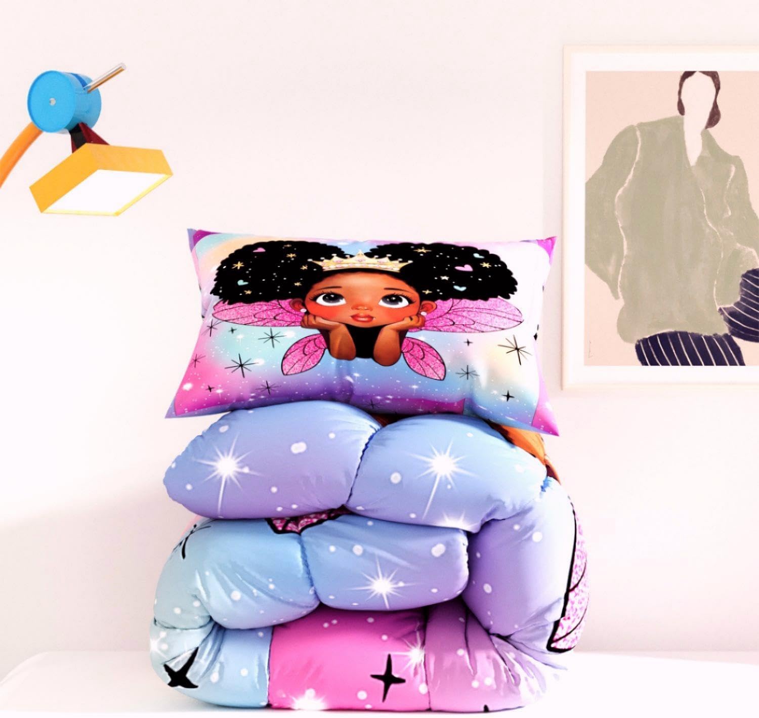 Black Girl Comforter Set, 3D Rainbow Pink glaxy Pattern for Kids Girls Adults,Decorative Bedding Comforter Sets with 2 Pillow Shams, Twin Size