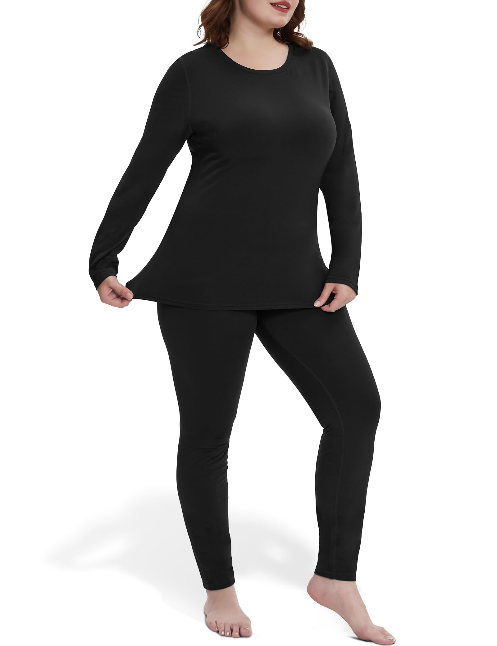 FOREYOND Plus Size Thermal Underwear for Women Long Johns Fleece Lined Base Layer Pajama Top and Bottom Sets, Black, 3XL