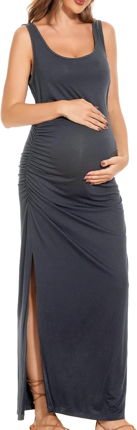Smallshow Women's Split Long Maternity Dress Sleeveness Ruched Pregnancy Clothes - Image 3