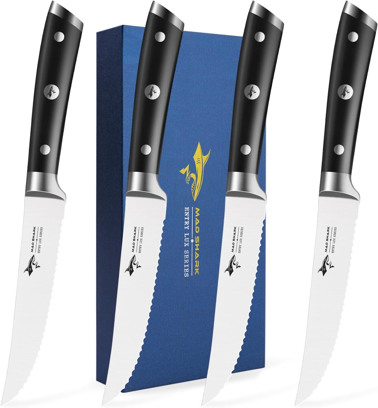 MAD SHARK Steak Knives, Steak Knives Set of 4, 12.6inch High Carbon Stainless Steel Knives, Serrated Sknife Dishwasher Safe kitchen Knife Set
