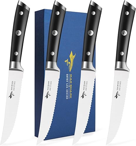 MAD SHARK Juego de 4 cuchillos para carne, juego de cuchillos de carne dentados de alta calidad de 12.6 pulgadas, colección de cuchillos para carne