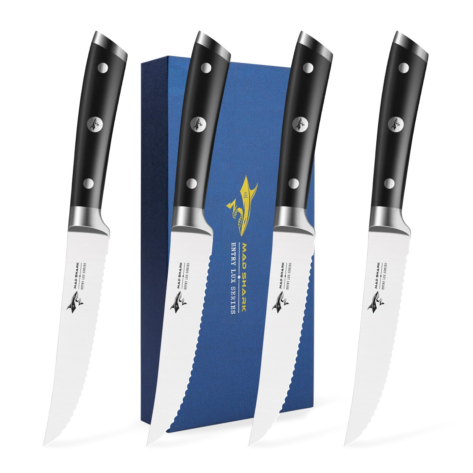 MAD SHARK Steak Knives Set of 4,Premium 12.6-inch Serrated Steak Knife Set,Ultra Sharp German High Carbon Stainless Steel Triple Rivet Collection 4-Piece Kitchen Steak Knife Set (STEAK KNIFE SET OF 4)