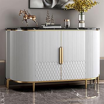 LITFAD Modern Marble Sideboard Wood Door Side Board with Cabinets Freestanding Entrance Cabine Decorative Cabinet for Kitchen Dining Living Room - Black&White 47" L x 16" W x 35" H