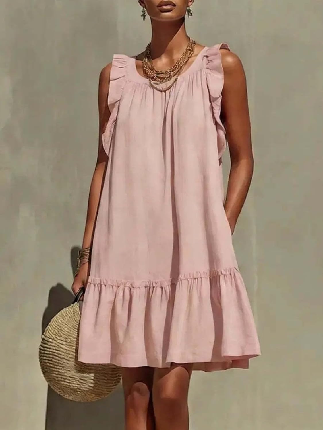Aoleaky Women's Crew Neck Sleeveless Loose Dress, Casual Summer Midi Dress