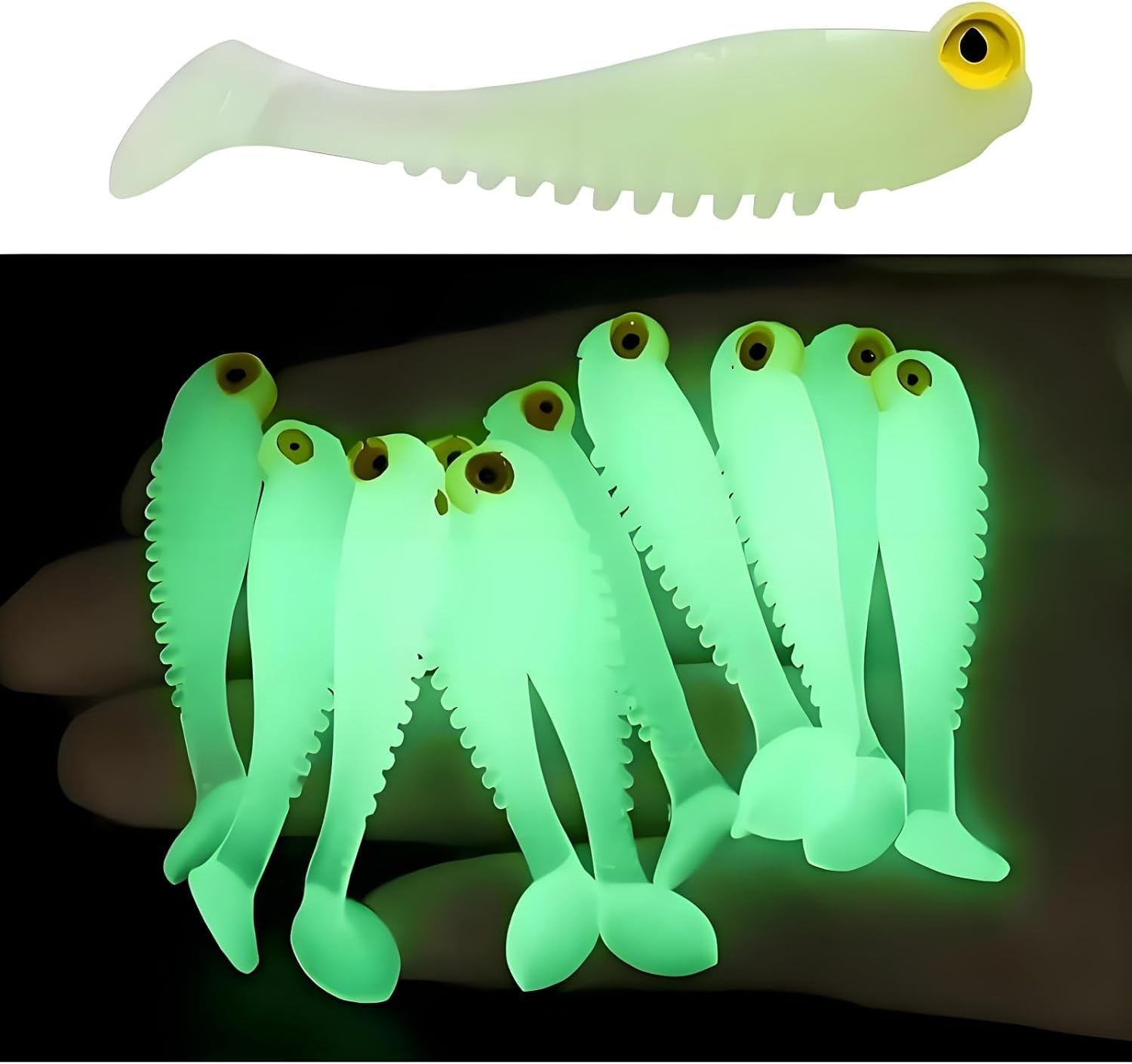 10Pcs Glow in The Dark Fishing Lures, Soft Plastic Swimbaits for Freshwater or Saltwater Use, Walleye Fishing Lures for Night Fishing Bass, Crappie, and Trout