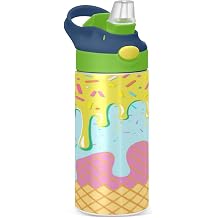 Turquoise Pink Walfer Ice Cream Kids Insulated Water Bottle with Straw Lid, 12oz Stainless Steel Vacuum Tumbler, Leakproof BPA-Free Toddler Cup for School, Boys Girls