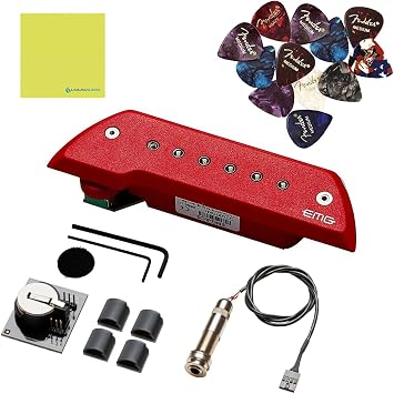 EMG ACS Acoustic Guitar Soundhole Pickup Red Bundle w / 12x Guitar Picks and Liquid Audio Polishing Cloth