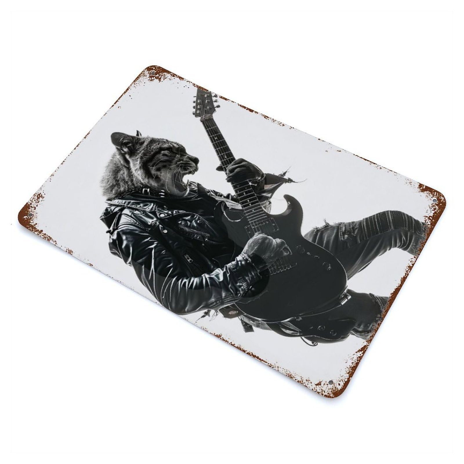 Rust Effect Cougar Guitar Aged Metal Wall Plaque 11.8"x7.9", Rustic Home Decor for Bistro, Counter And Cafe Decor