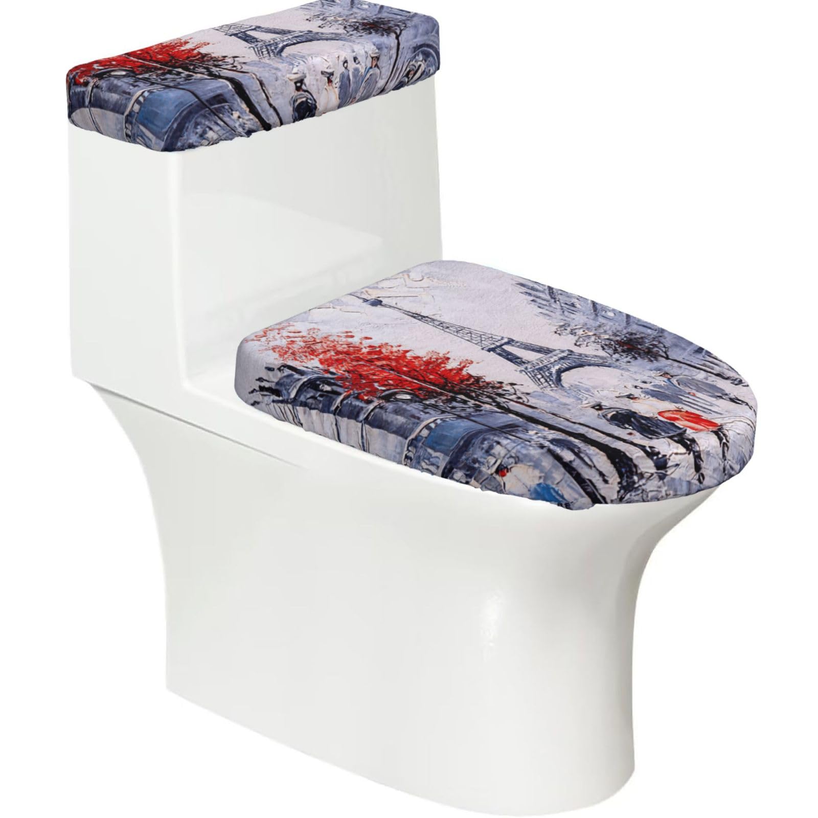 Paris City Tree Eiffel Tower Art Print 2-Piece Stretch Toilet Cover Set, Elastic Breathable Toilet Seat and Tank Lid Protector