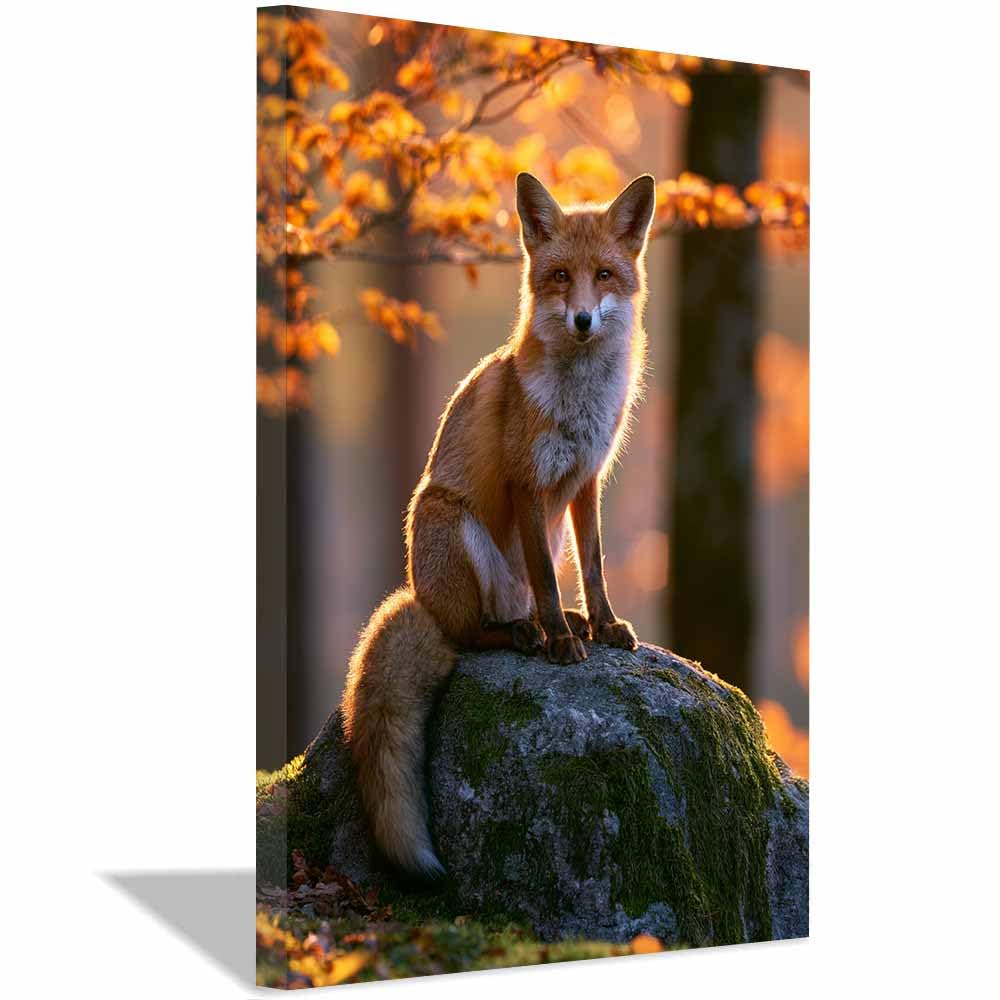 PUQAAEO Art Canvas Painting Posters and Prints Animal Canvas Wall Art Autumn Fox Forestss Rock for Wall Decor and Home decorations Office Decor(Multicolor)-70x100cm Framed