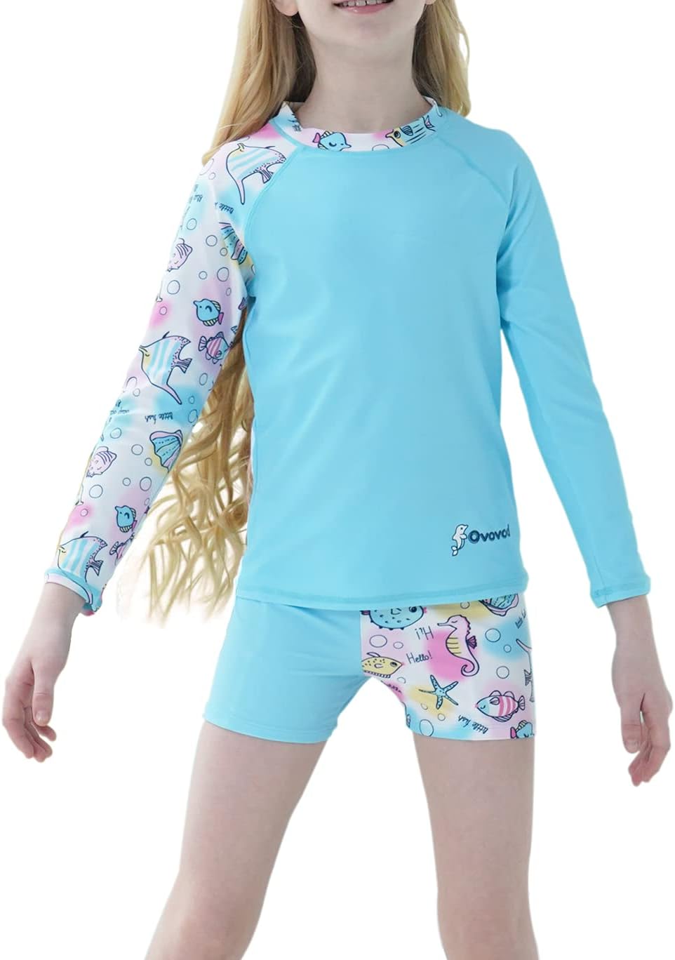 Ovovod Girls Swimsuit Two Piece Rash Guard Set for 4-14 Years UPF 50+ UV Protective Long Sleeve Swimwear