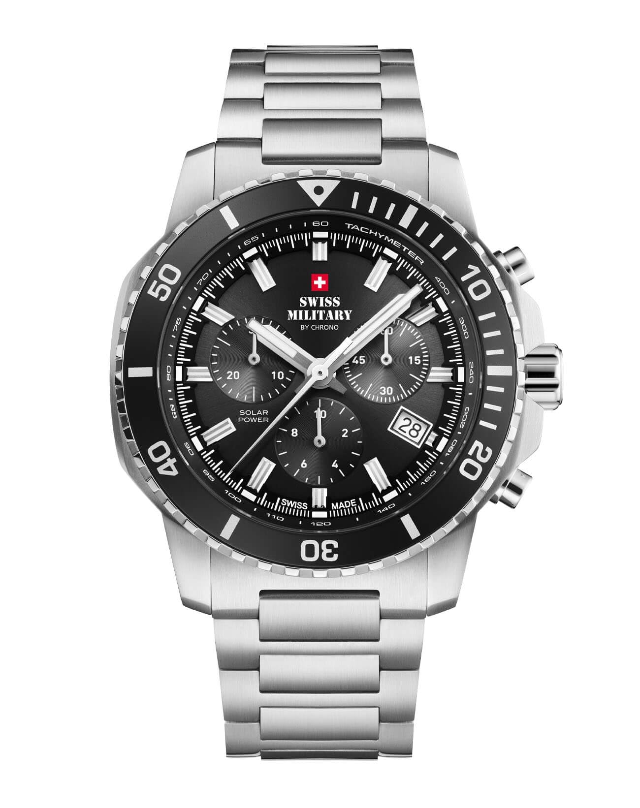 Swiss Military by Chrono SMS34113.01 - Orologio da uomo con cronografo solare al quarzo con cinturino in acciaio inox, analogico, colore nero