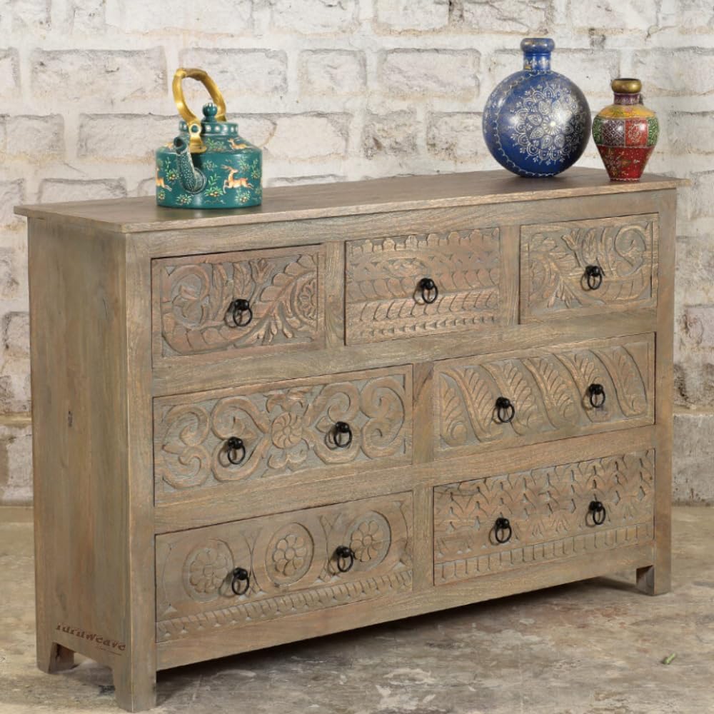 FURNWEAVE Inigo Solid Wooden Carved Chest of 7 Drawer Cabinet | Solid Wood Storage Furniture for Home | Chest of Drawers for Living Room | Antique Stylish Organization & Home Decor Grey Brown Distress-image-14