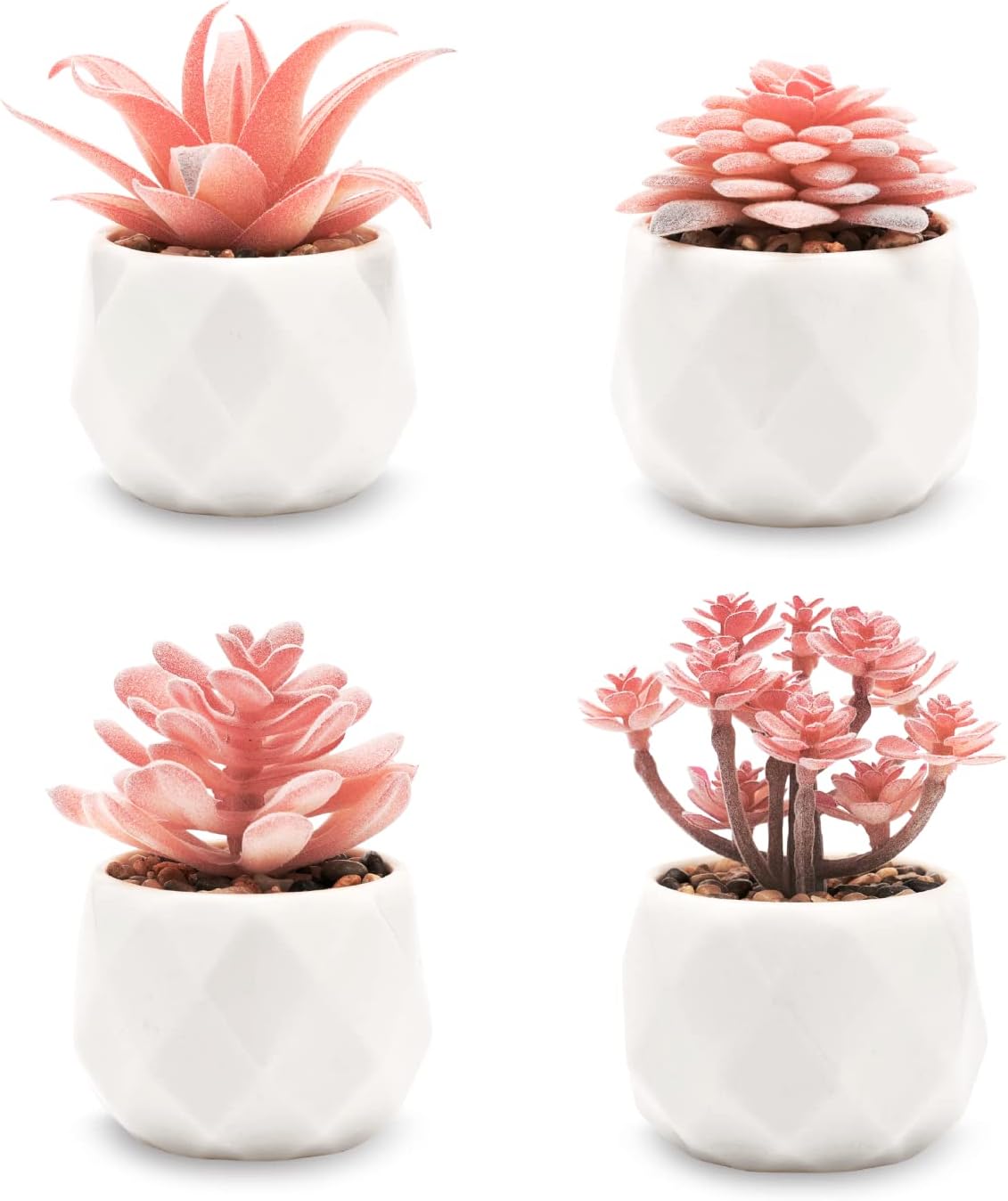 VIVERIE Faux Succulents in White Ceramic Pots (Set of 4) - Autumn Flowers Artificial, Christmas Table Decorations, Window Decor, Autumn Centrepiece, Bathroom Accessories, Office Plant, Home Decor
