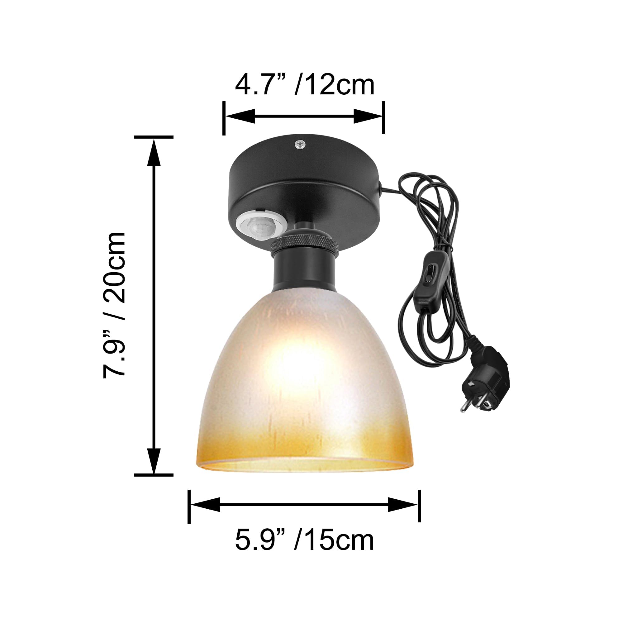 Plafoniera con sensore di movimento interno, moderna lampada da soffitto in vetro, sensore di movimento radar con cavo da 4,5 m e portalampada E27, per corridoio, bagno, scale, garage, nero