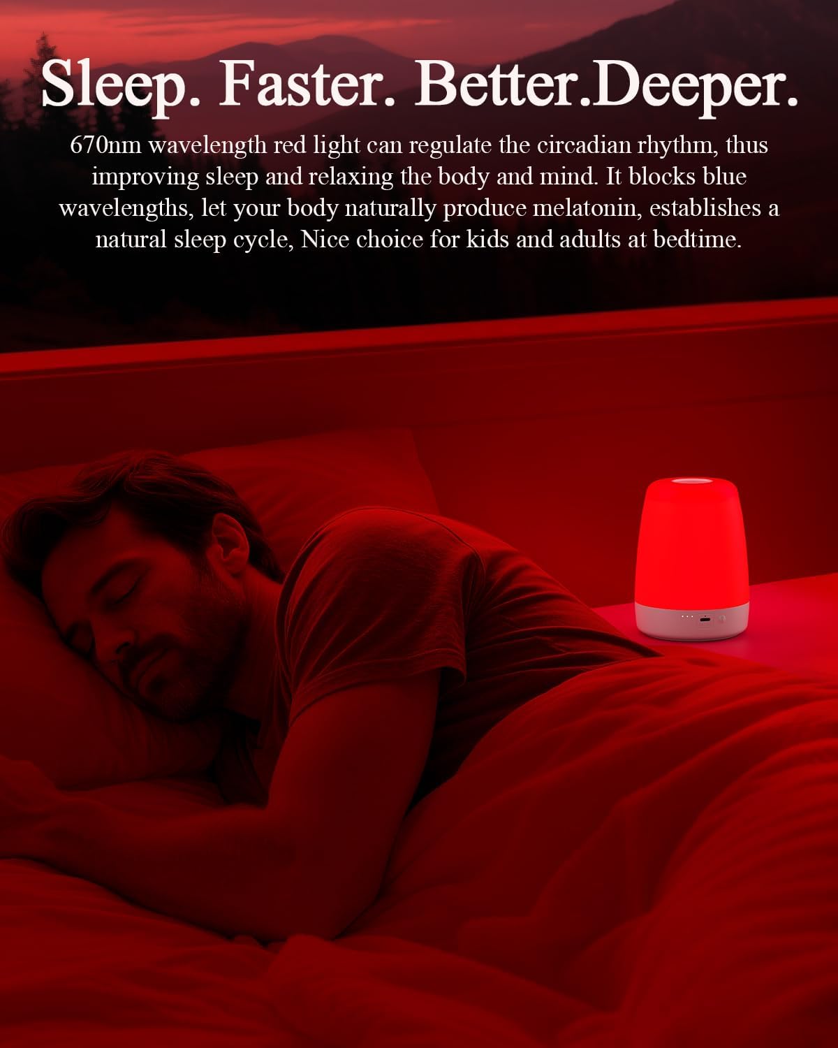 Red Light Night Light for Bedroom - 670nm Sleep-Enhancing Lamp, 2 Color Mode, 3 Brightness Level, Touch Control, 2H Timer, Memory Function, USB Charging, Sleep Christmas Gift for Adults&Kids