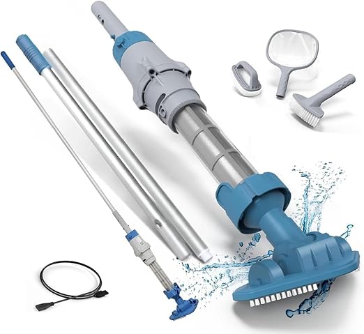 KOKIDO Rechargeable Handheld Pool Vacuum Set with Adjustable Pole and 2 Interchangeable Brush Heads, for Above Ground Pool, Hot Tub, Spa and Small Pools up to 20ft, Cordless, Spot Clean XV110