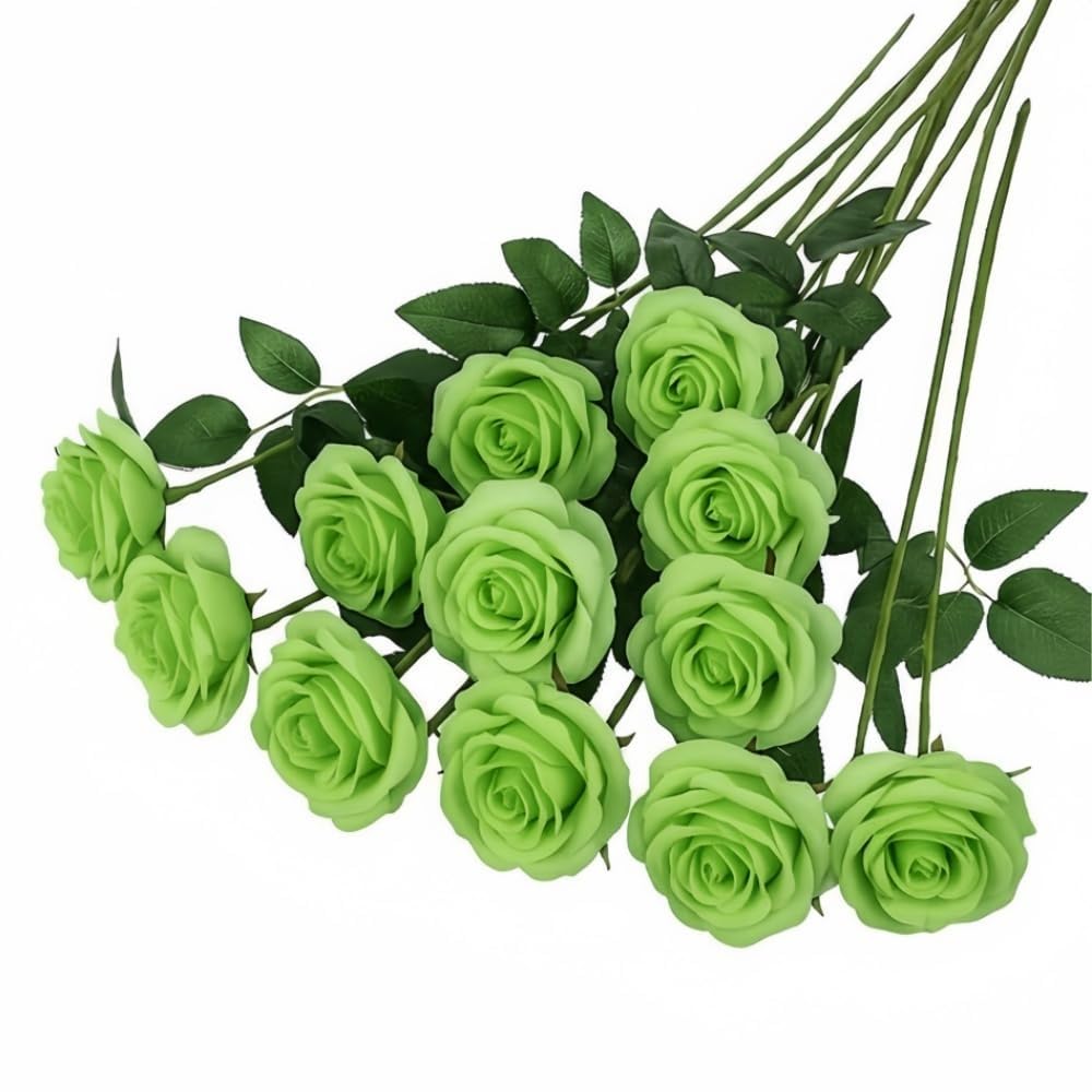 Waibejon 12 Pcs Artificial Green Roses with Stems, Green Fake Roses Flowers, Silk Flowers for Home Garden Party Hotel Wedding DIY, 19.7 Inches