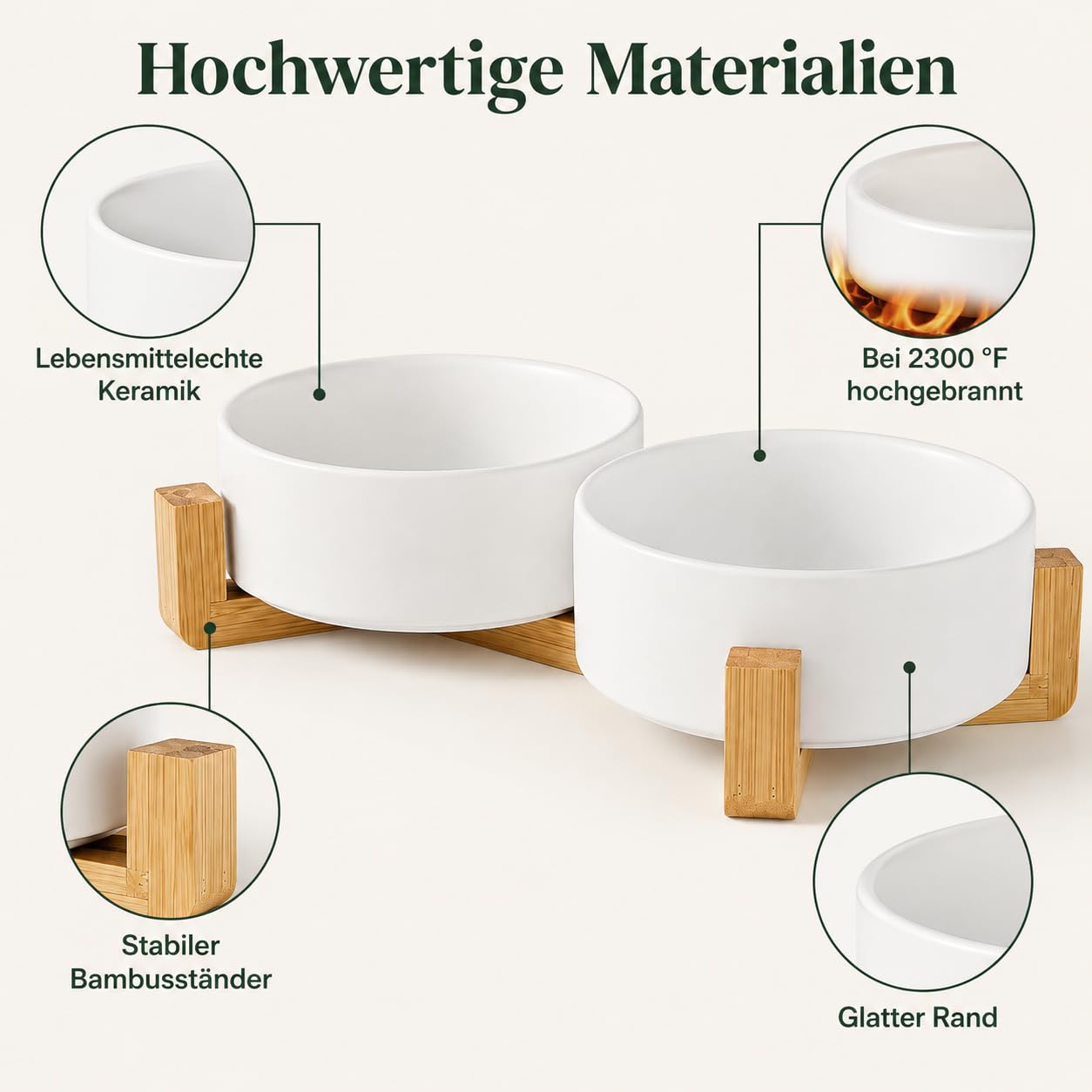 Ceramiczna miska na karmę dla kotów 2 x 850 ml, zestaw 2 szt. z podwyższonym stojakiem bambusowym | Białe miski z gładką glazurą, nie zawierają ołowiu i kadmu, do suchej karmy, wody, małych psów, kuchni i salonu