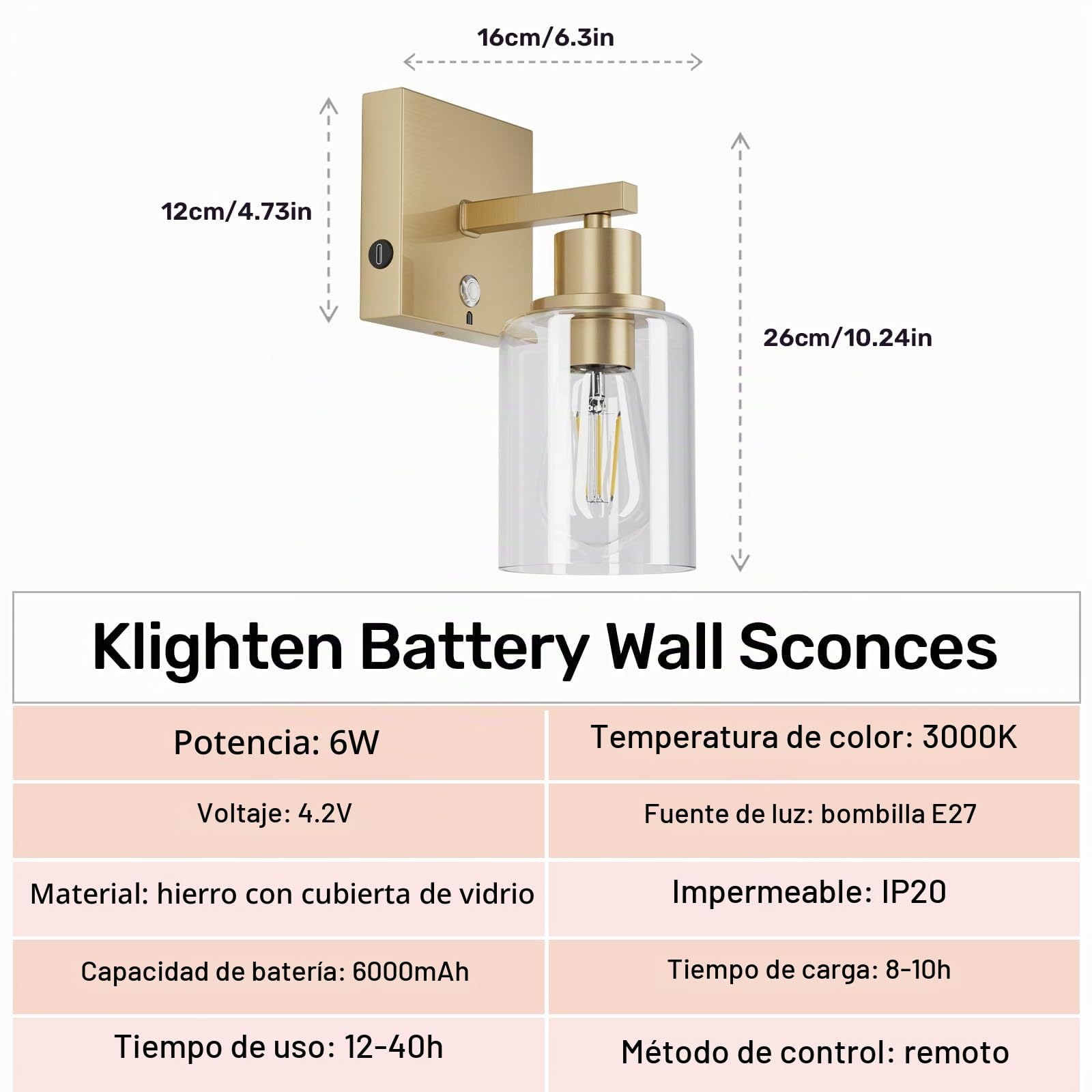 Klighten 6000mAh Lámpara de pared a pilas,2PCS Lámpara de pared LED con mando a distancia y control táctil,Aplique de batería,Aplique de Pared interior Con bombilla 3000K blanco cálido(Oro)