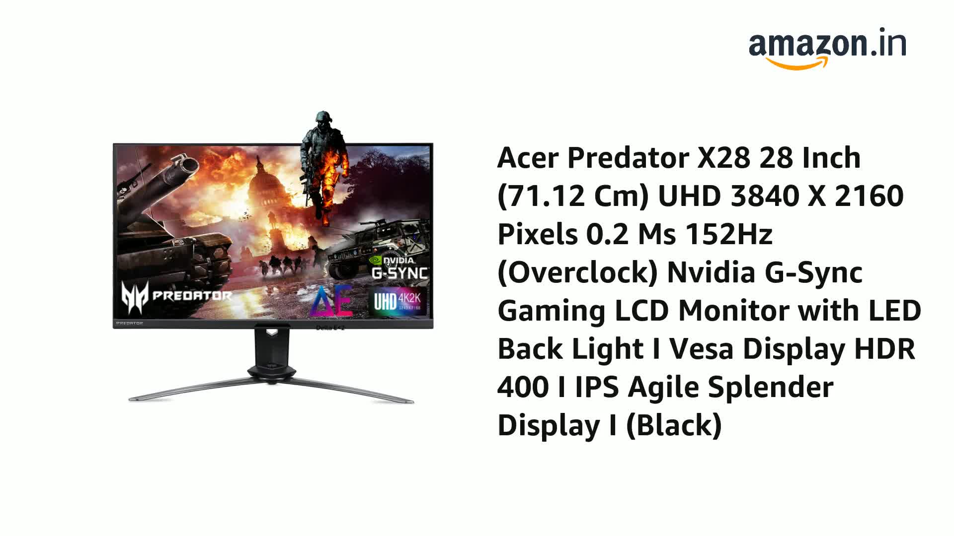 acer Predator X28 28 Inch (71.12 Cm) UHD 3840 X 2160 Pixels 0.2 Ms