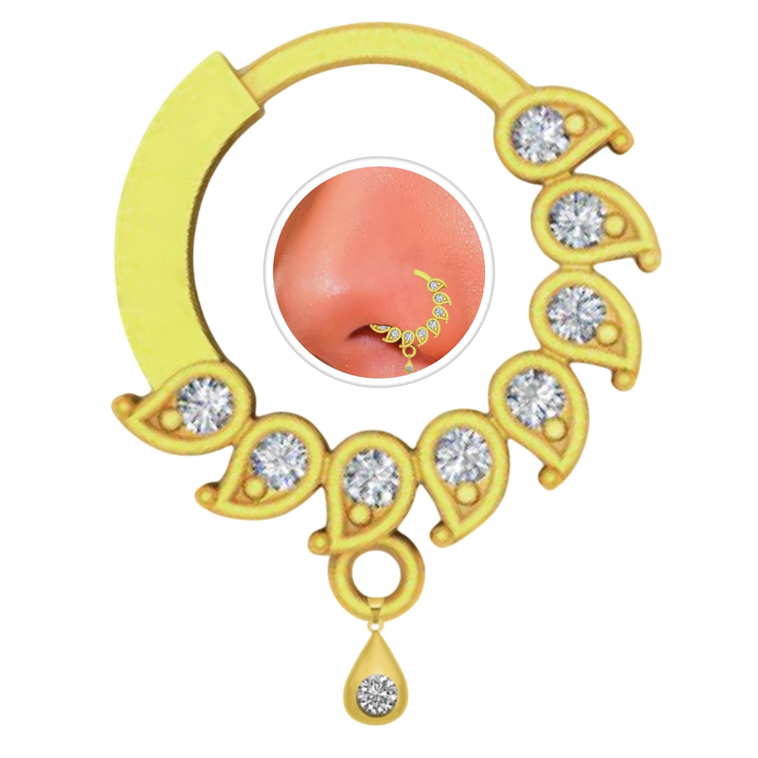 vama American Diamond Nose Ring for Women & Girls| Bridal Nath for Women | Leaf Drop Design | Small | Gold Nose Ring (Gold Plated)-picture-22