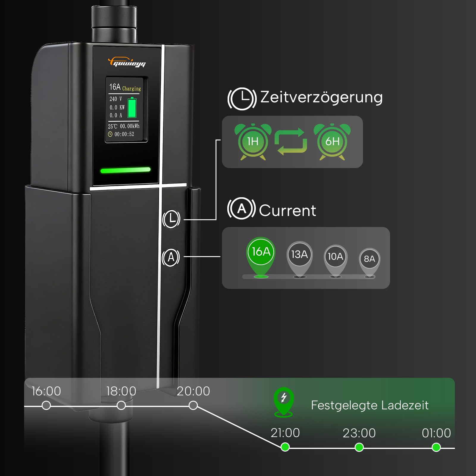 Typ 2 Ladekabel Schuko 16A /3,5kW /6M, Typ 2 Tragbares Ladegerät | Verstellbarer Strom 8A/10A/13A/16A einstellbar mit Digitalanzeige, 6h Verzögerungstimer, IP66, Tragetasche und Mikrofasertuch