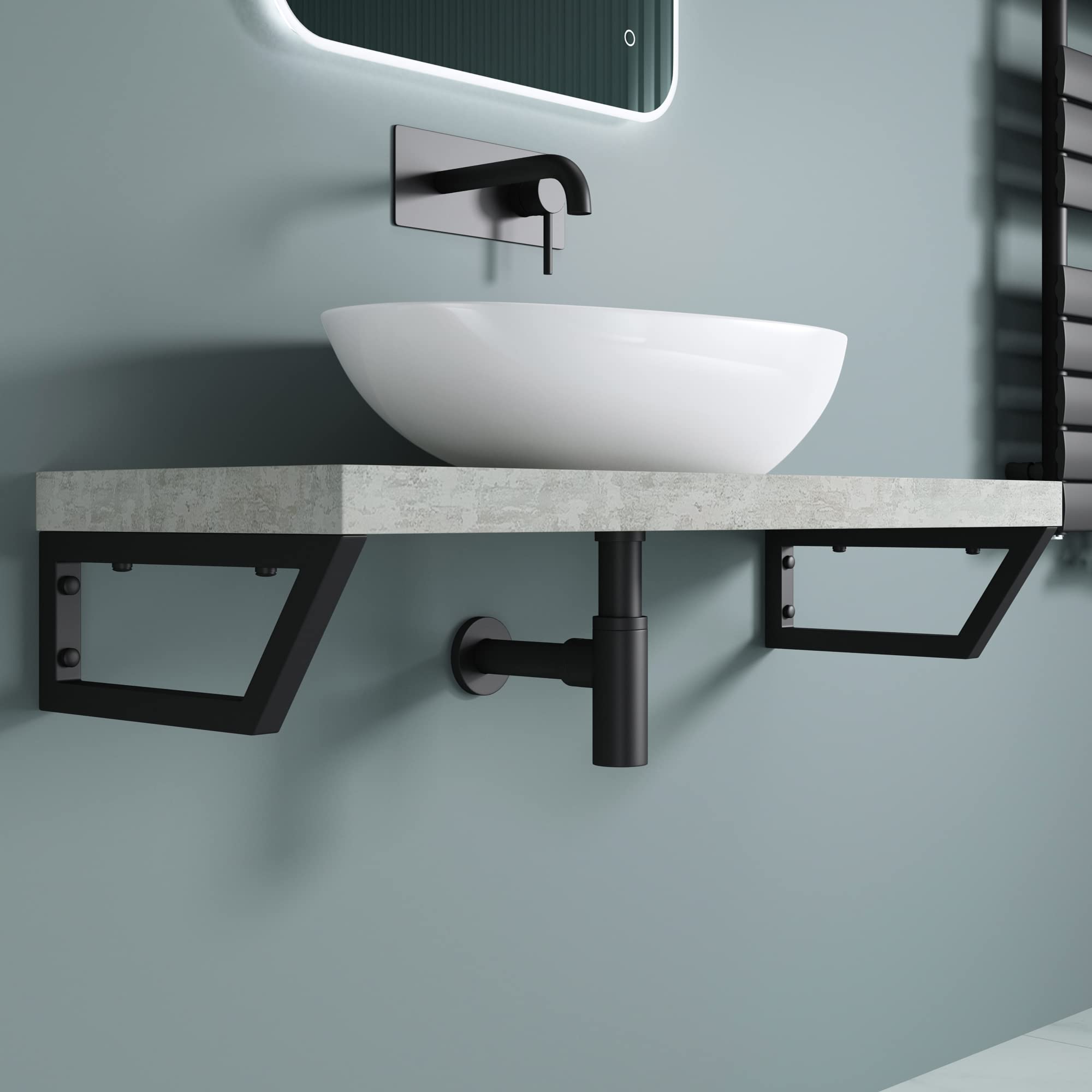 doporro Set di 2 Staffe per Lavabo Reggimensola Trapezio 380x150 mm in Acciaio Inox Nero, Supporti da Parete per Mensole, Lavabi e Portasciugamani - WH04