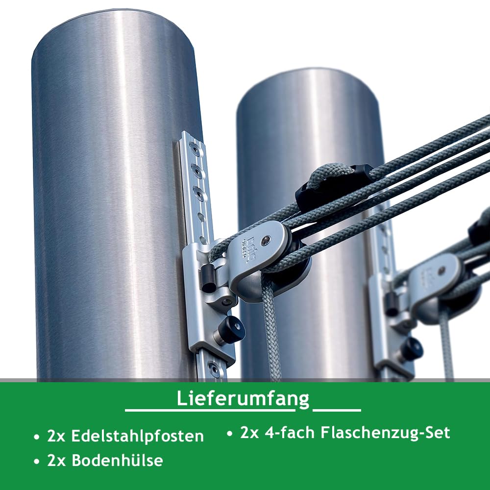 Sonnensegelpfosten Ø101,6mm, 3m, höhenverstellbar, V2A Edelstahl (2er-Set) | Inkl. 4-fach-Flaschenzug-Set, 75cm Bodenhülse, 150cm Gleitschiene, Sicherheitsklemme: Befestigung für sehr große Segel