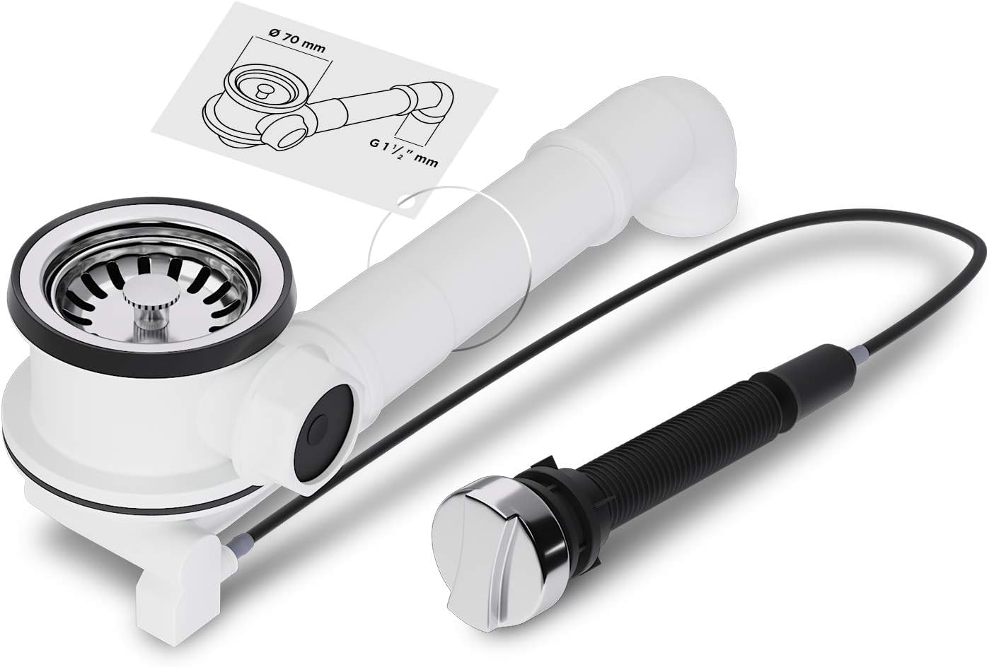 AQUADE Válvula para cesta de 70 mm con cable Bowden + organizador para fregadero | Fregadero de desagüe, sifón para cocina