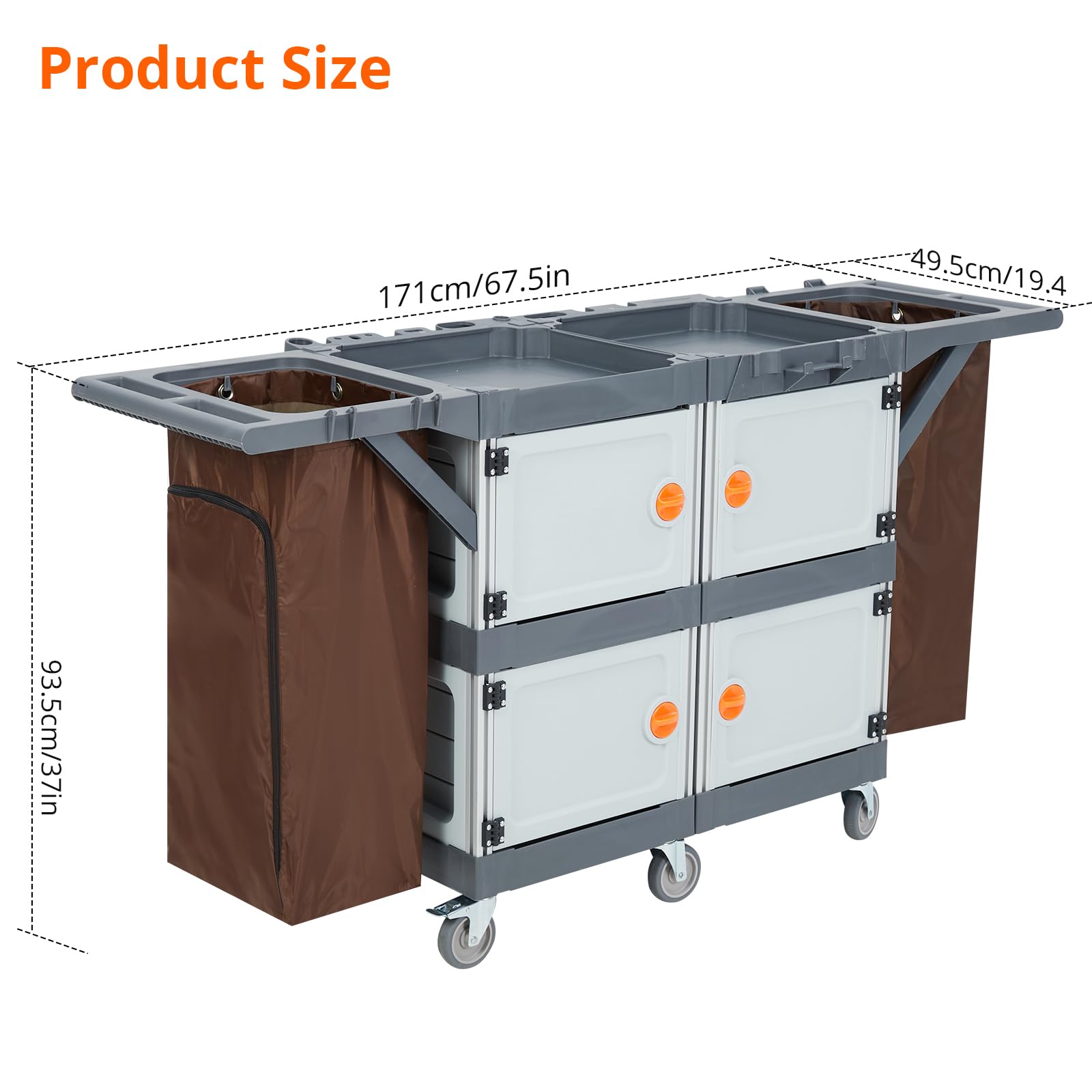 Carrello per pulizie professionale a 4 scomparti con doppio coperchio, manico in PP, struttura in alluminio, ruote silenziose TPR da 4 pollici, sacchi inclusi