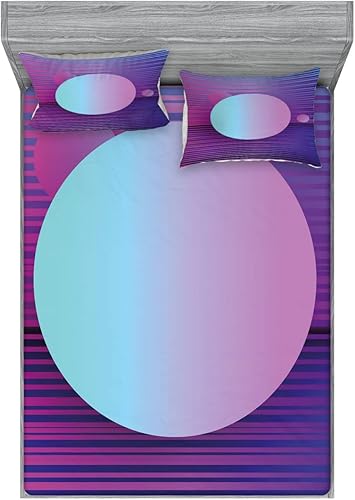 Ambesonne Synthwave 2 Pack Fitted Sheet & Pillow Sham Set, Stripes Galactic Rounds, 4 Pcs Bedding Decor, Package Contains 2 Calking Size Fitted