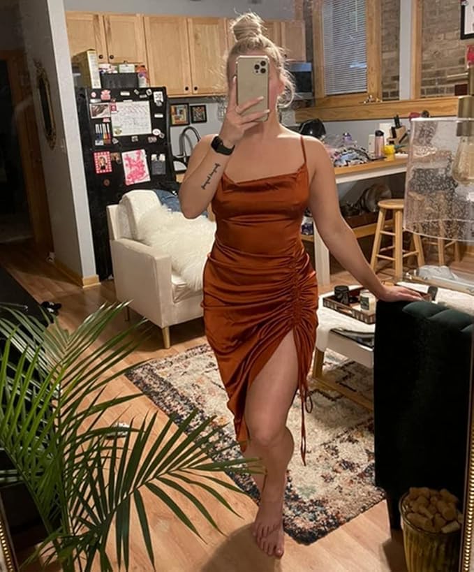 Image of LYANER Women's Satin Spaghetti Straps Cowl Neck Sexy Ruch Cocktail Midi Dresses
