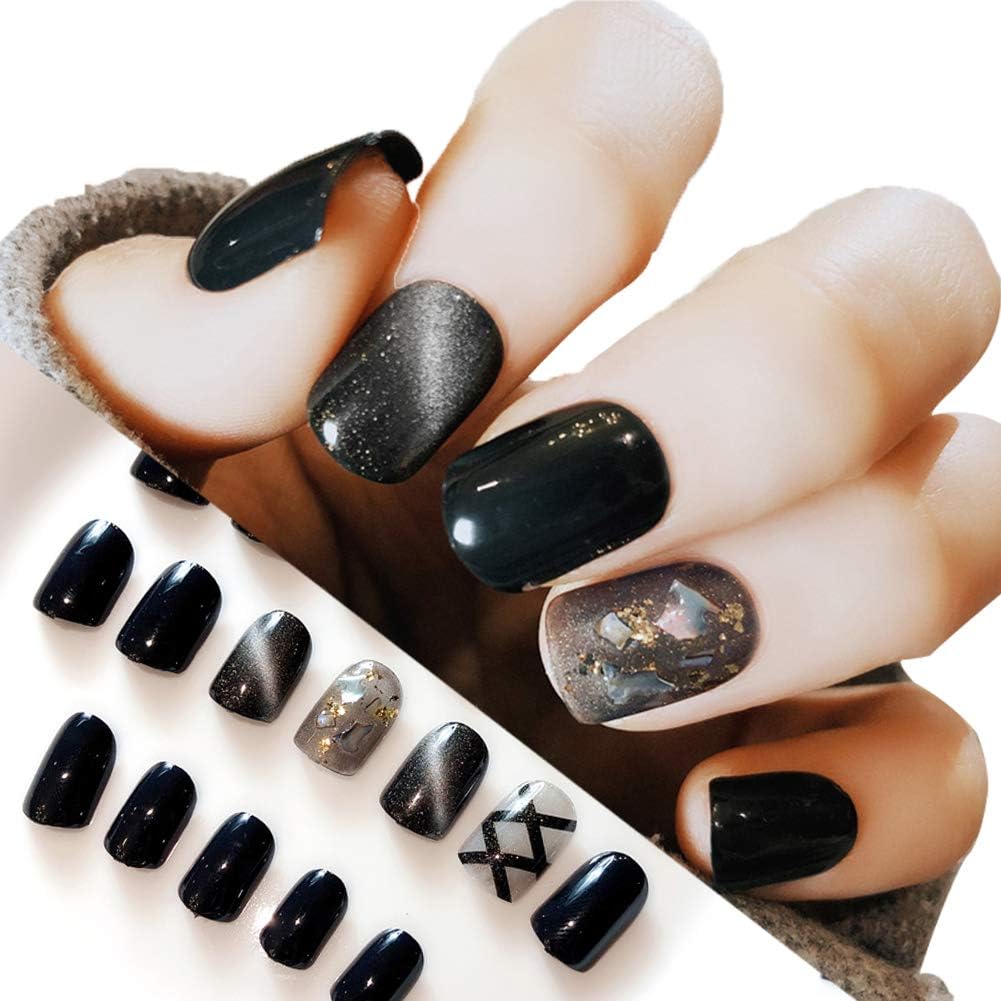 Cat Eye Short Square Fake Nails Tips Kit Bright UV Gel Chrome Nail Art Salon Full Cover Acrylic False Nails - 22Pcs Artificial Manicure Set