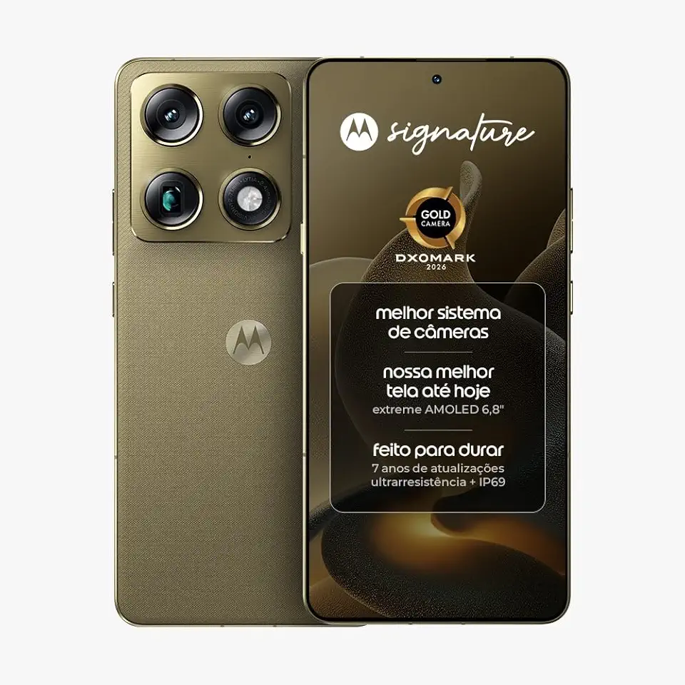 Smartphone Motorola Signature 5G - 512GB 24GB (12GB RAM + 12GB RAM Boost), 3 cameras 50MP Sony Lytia e Zoom 100x, Tela 1.5K extreme Amoled 165hz - Verde Oliva