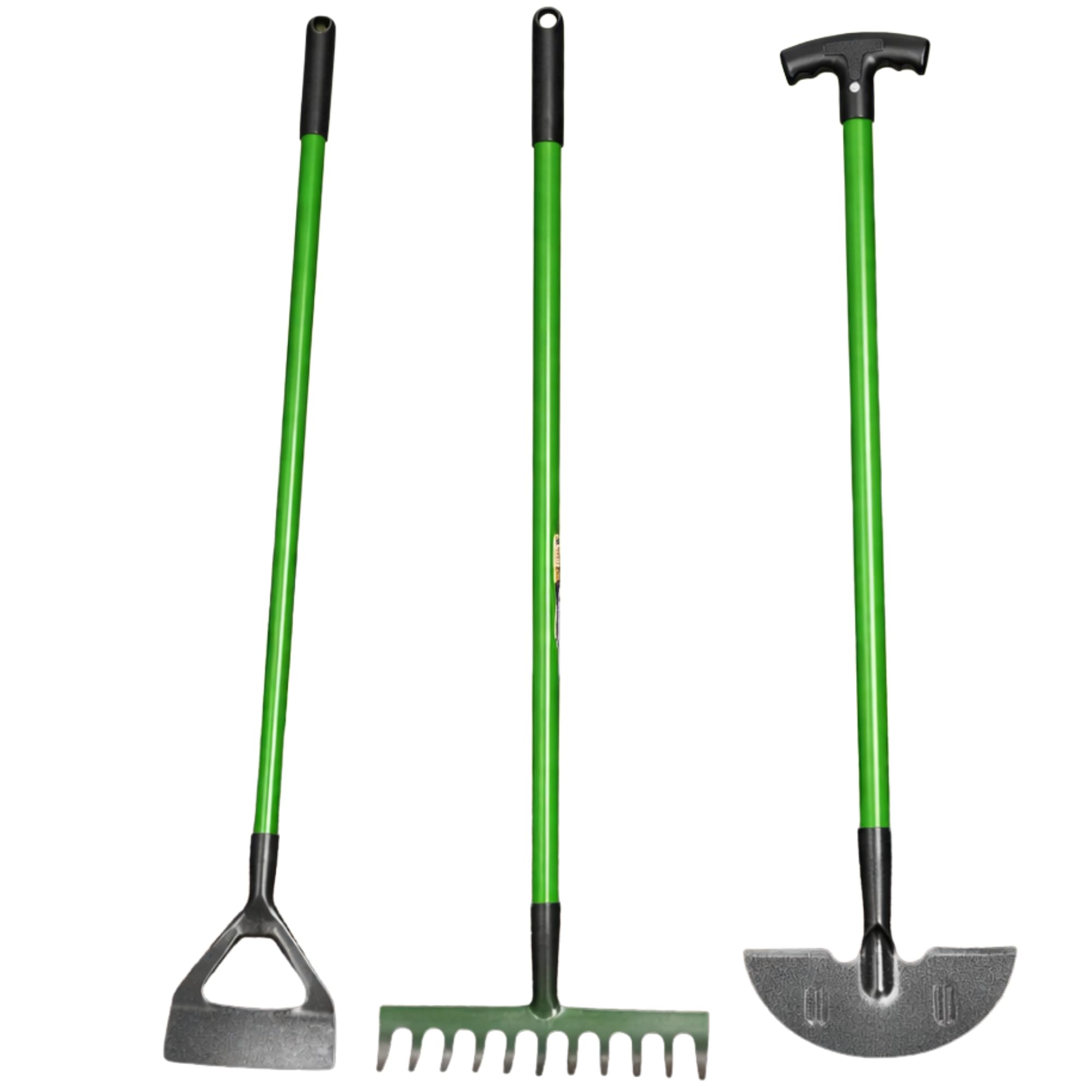 PriceKingX 3pcs Garden Tool Set Green Garden Rake Half Moon Edger Dutch Hoe Heavy Duty Steel Gardening Tools Set Durable Lawn Edging Digging Weeding Kit Ergonomic Outdoor Garden Tools
