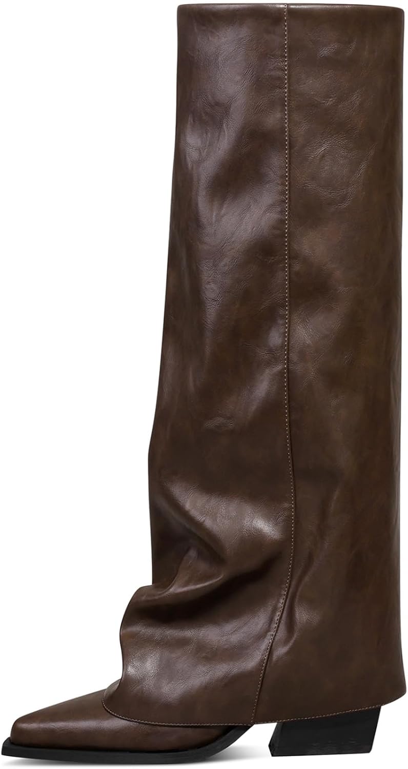 Women's Fold Over Knee High Boots Wide Calf Chunky Heel Long Boots Women Pointed Toe Dress Tall Boots for Women Slouchy Shark Boots - Image 6