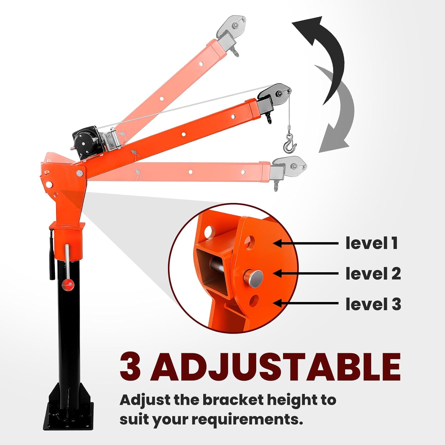 2000LBS 12V Electric Winch Jib Crane, 1100LBS Load Capacity Truck Mounted Crane, 360°Rotation, 3-Position Arm Adjustment, Foldable Alloy Steel, for Truck Beds
