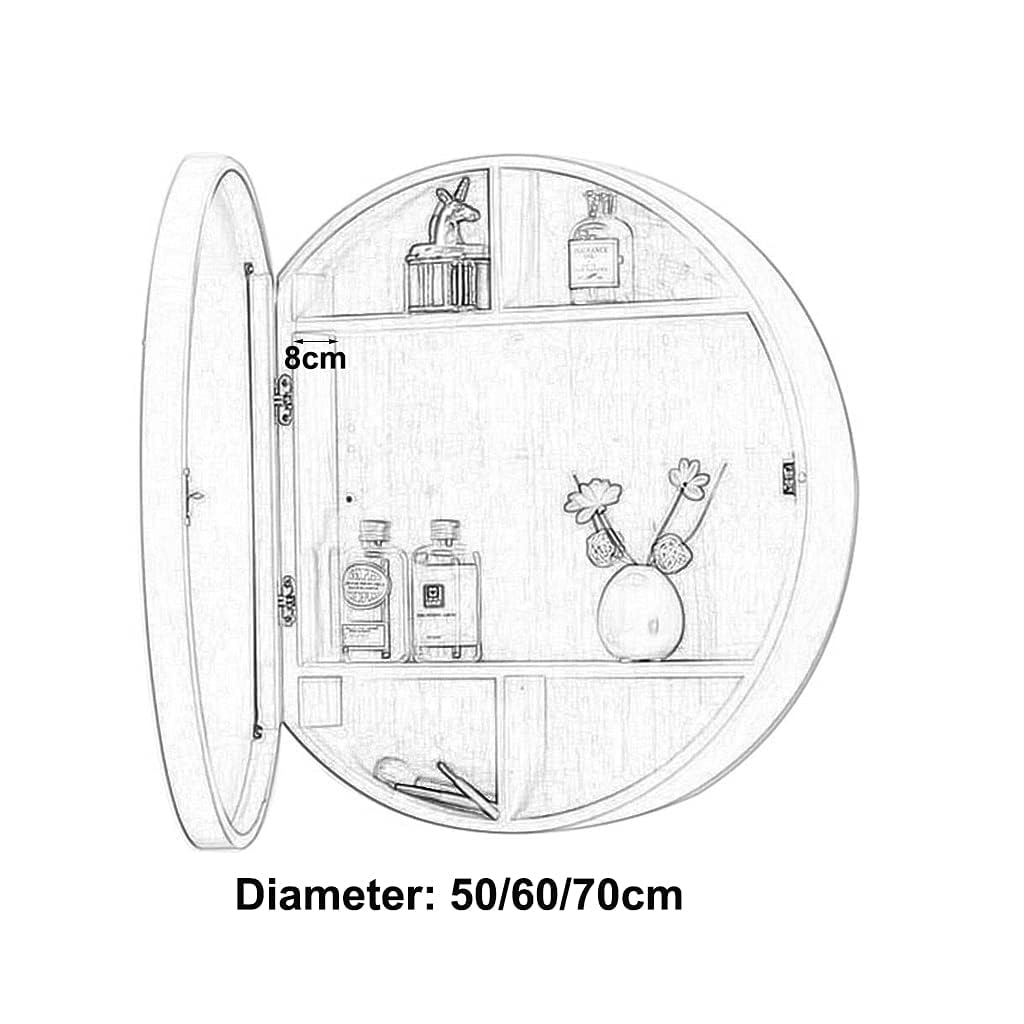 Specchio da bagno rotondo in legno da parete con vano portaoggetti, specchiera da trucco da 70 cm per camera da letto, elegante mensola decorativa da parete, accessori essenziali per la decorazione.