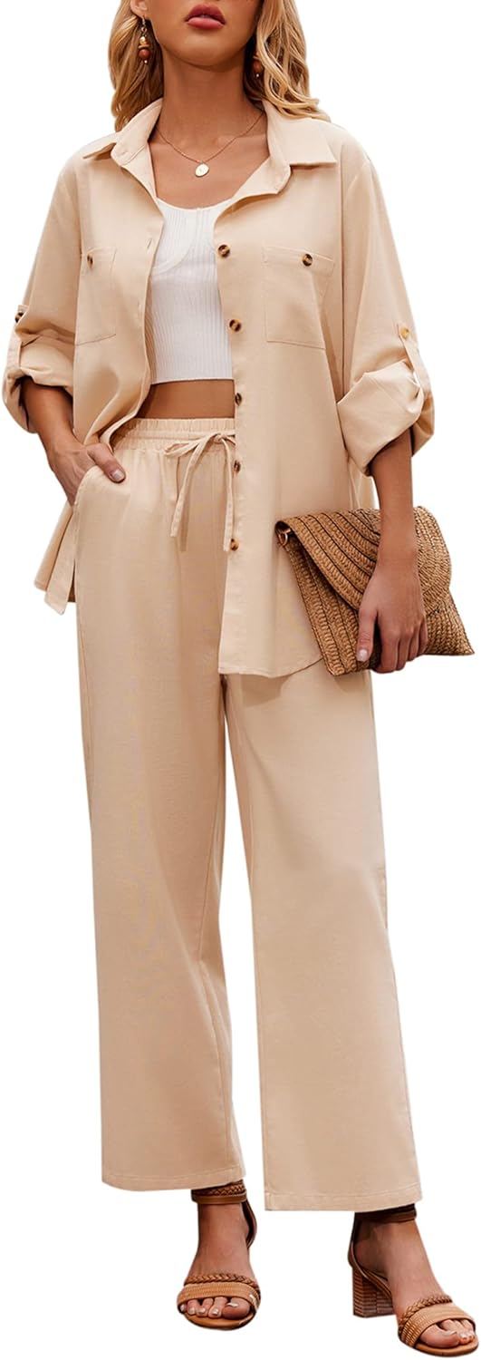 Product image of Zeagoo Women 2 Piece Linen Sets 2023 Button Down Shirt and Drawstring Long Pants Set Summer Outfits